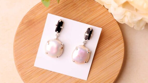 Mother of Pearl and Black Tourmaline Silver Earring
