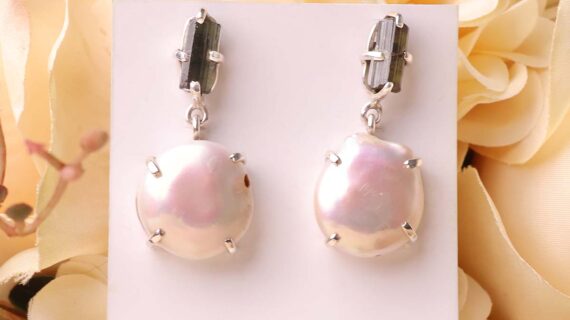 Mother of Pearl and Black Tourmaline Silver Earring