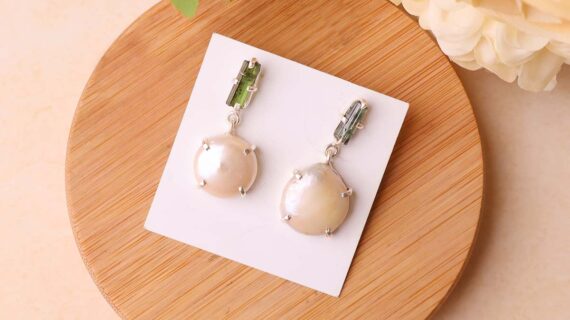 Mother of Pearl and Green Tourmaline Silver Earring