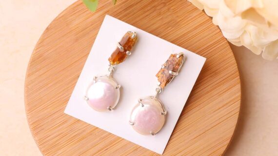 Mother of Pearl and Orange Kyanite Silver Earring