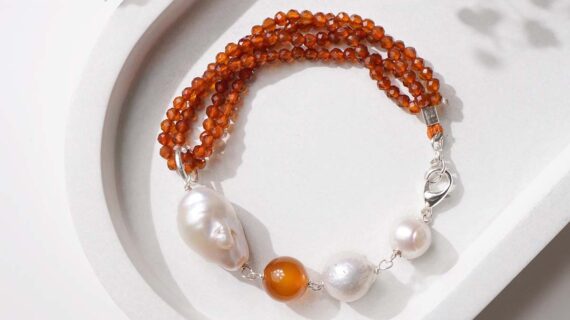 Red Carnelian with Pearl Silver Bracelet