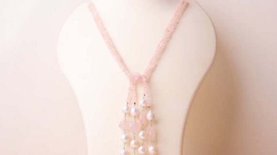 Rose Quartz With Pearl Long Silver Knotted Necklace