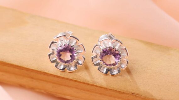 Amethyst Flower Stud Earrings Silver