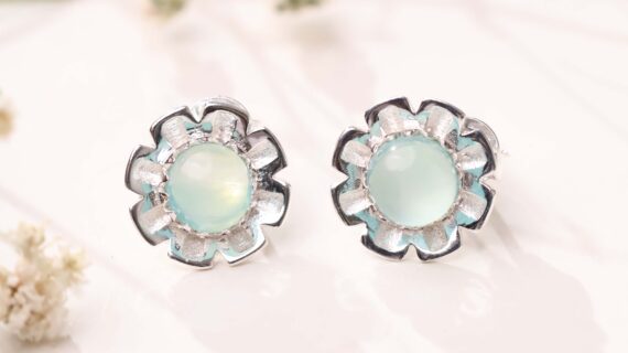 Chalcedony Flower Stud Earrings Silver