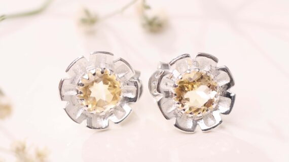 Citrine Flower Stud Earrings Silver