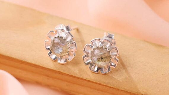 Labradorite Flower Stud Earrings Silver