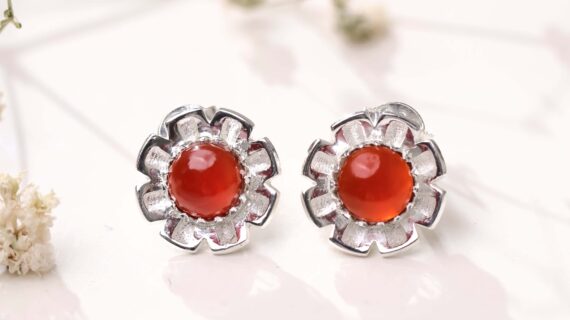 Red Carnelian Flower Stud Earrings Silver