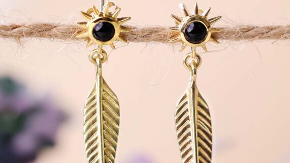 Black Tourmaline Golden Leaf Earrings