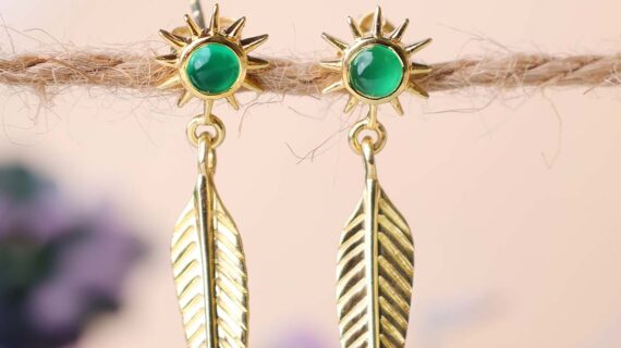 Green Onyx Golden Leaf Earrings