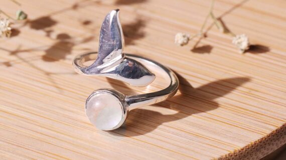 Rainbow Moonstone Dolphin Tail Ring Silver