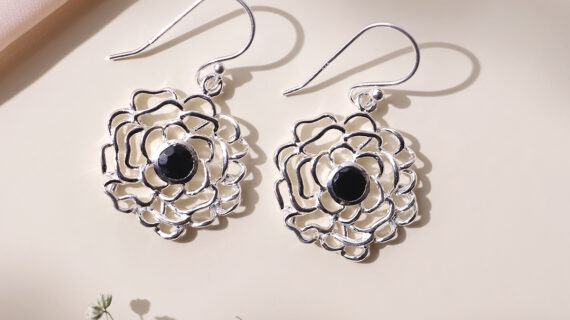 Black Tourmaline Flower Design Silver Earring