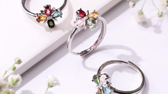 Multi Tourmaline Clover Silver Ring