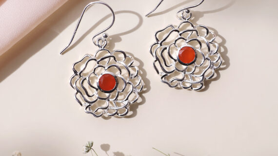 Red Carnelian Flower Design Silver Earring