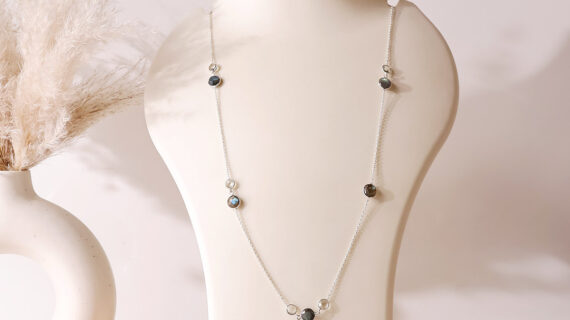 Labradorite & Clear Quartz Coin Faceted Round Beads Necklace Silver