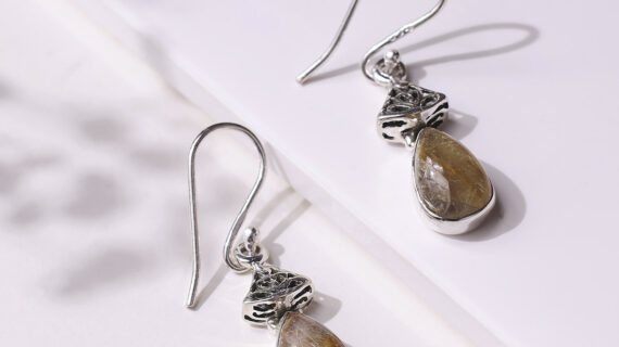Golden Rutile Silver Drop Hanging Earrings