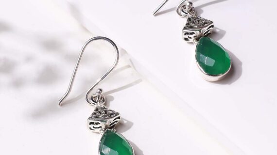 Green Onyx Silver Drop Hanging Earrings