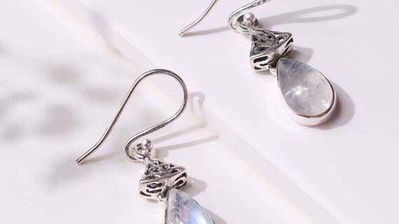 Rainbow Moonstone Silver Drop Hanging Earrings