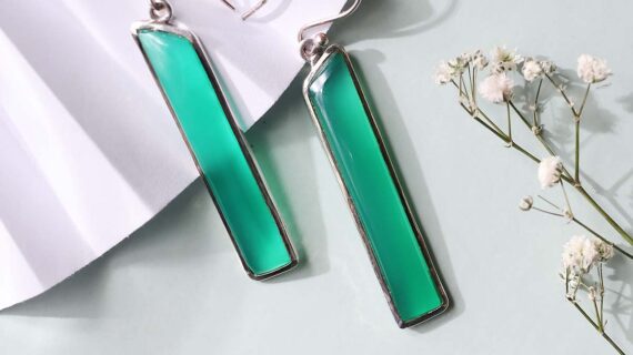 Green Onyx Long Silver Earrings
