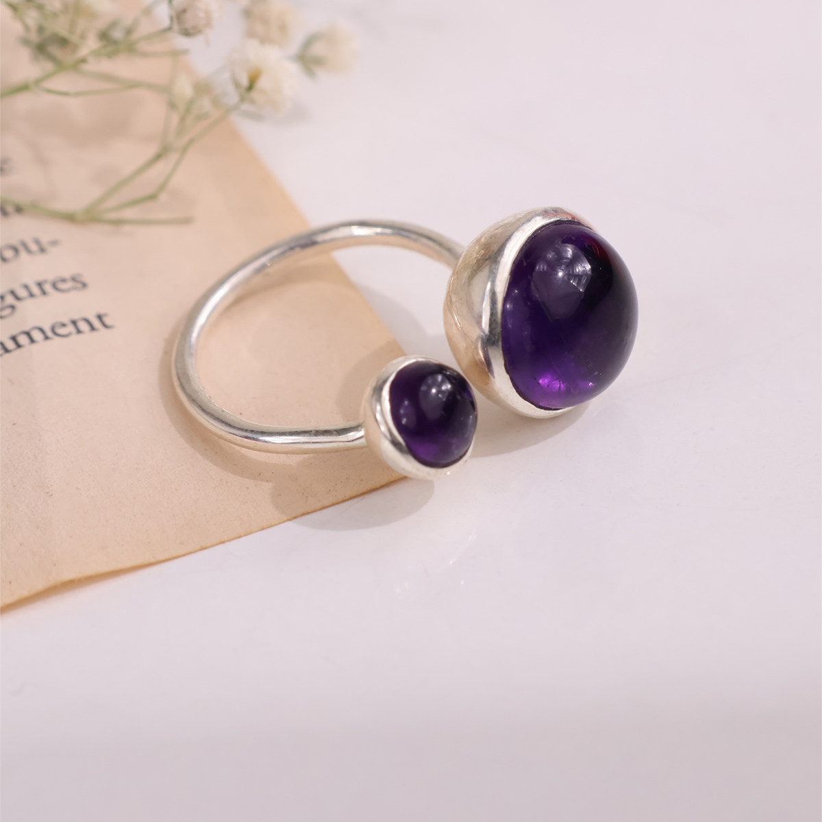 Amethyst Double Stone Ring Silver-Shubhanjali Store (4) amethyst double stone ring silver