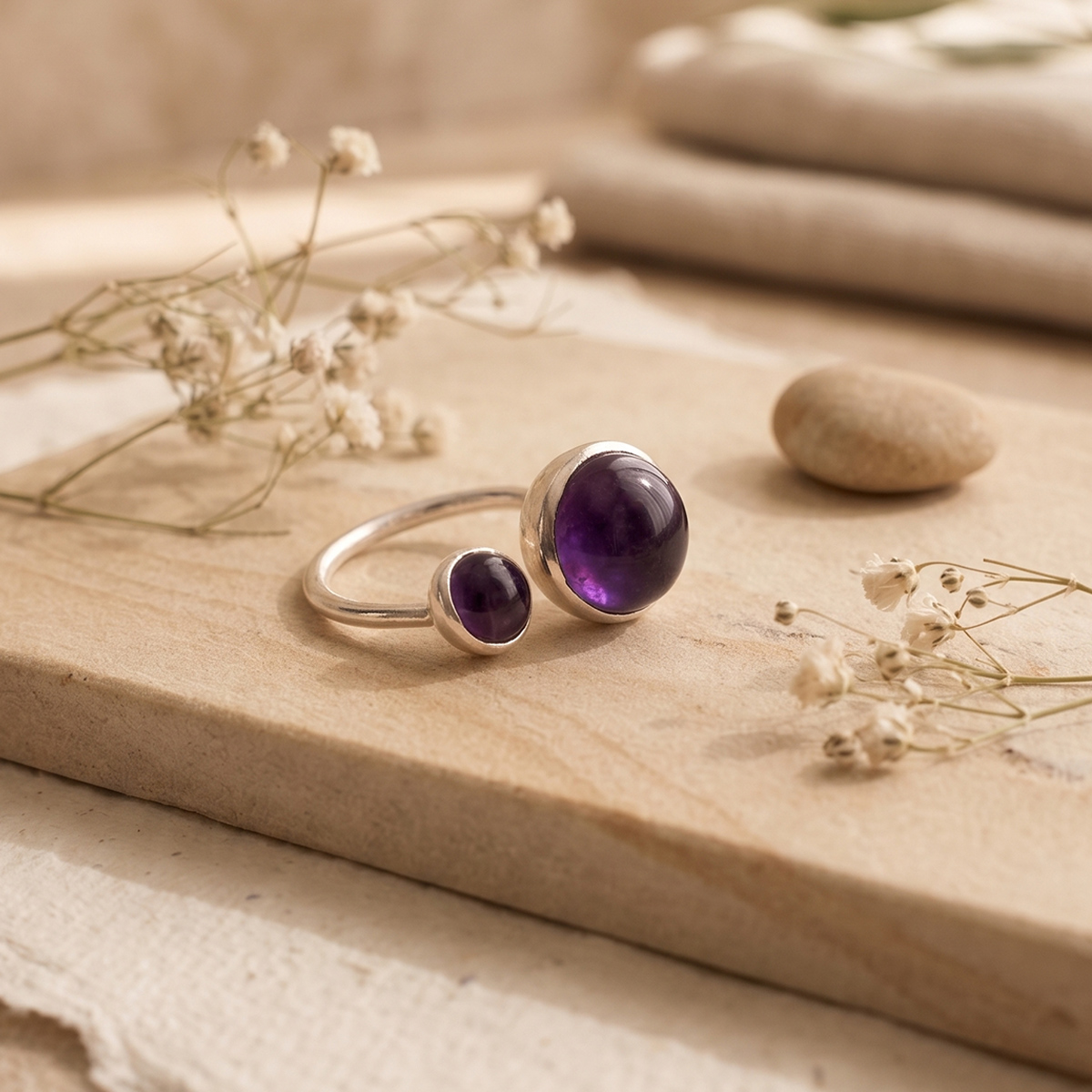 Amethyst Double Stone Ring Silver-Shubhanjali Store (5) amethyst double stone ring silver