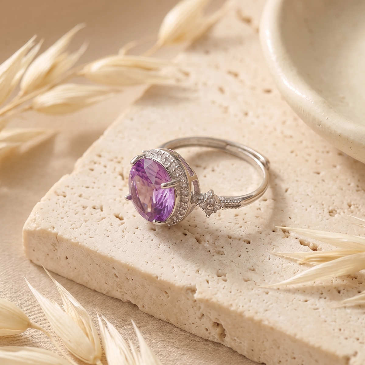 Amethyst Firework Cut Round Ring Silver-Shubhanjali Store (1) amethyst firework cut round ring silver