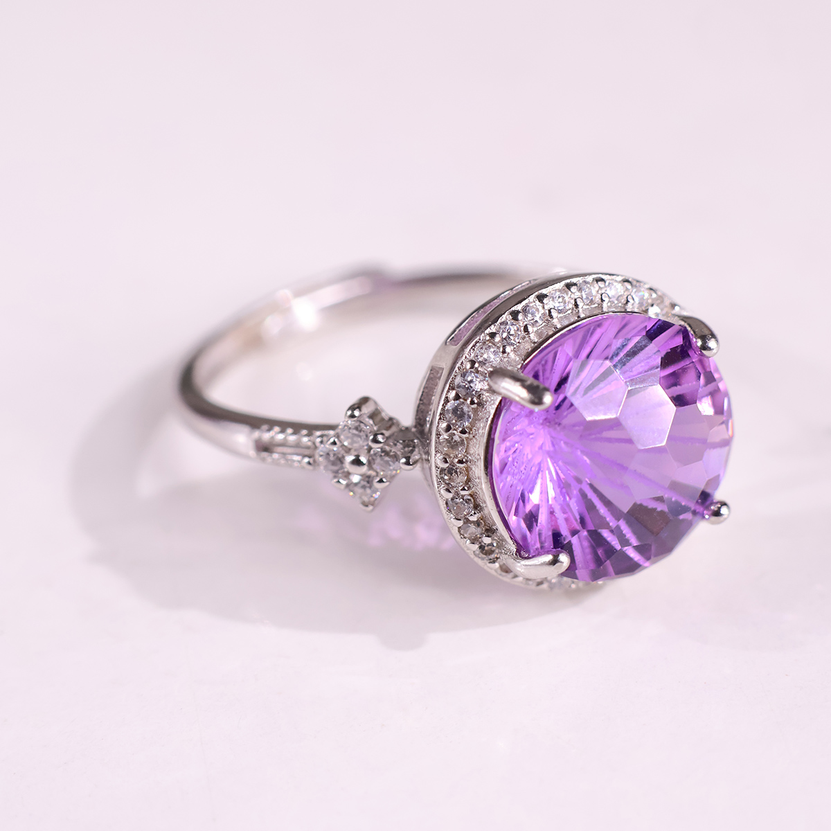 Amethyst Firework Cut Round Ring Silver-Shubhanjali Store (3) amethyst firework cut round ring silver