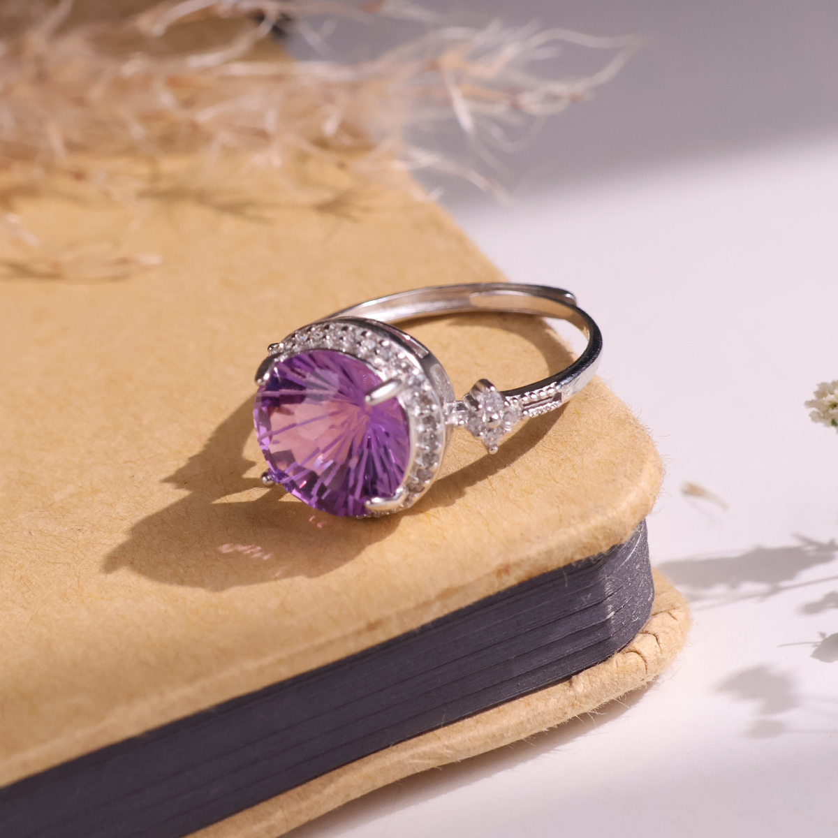 Amethyst Firework Cut Round Ring Silver-Shubhanjali Store (4) amethyst firework cut round ring silver
