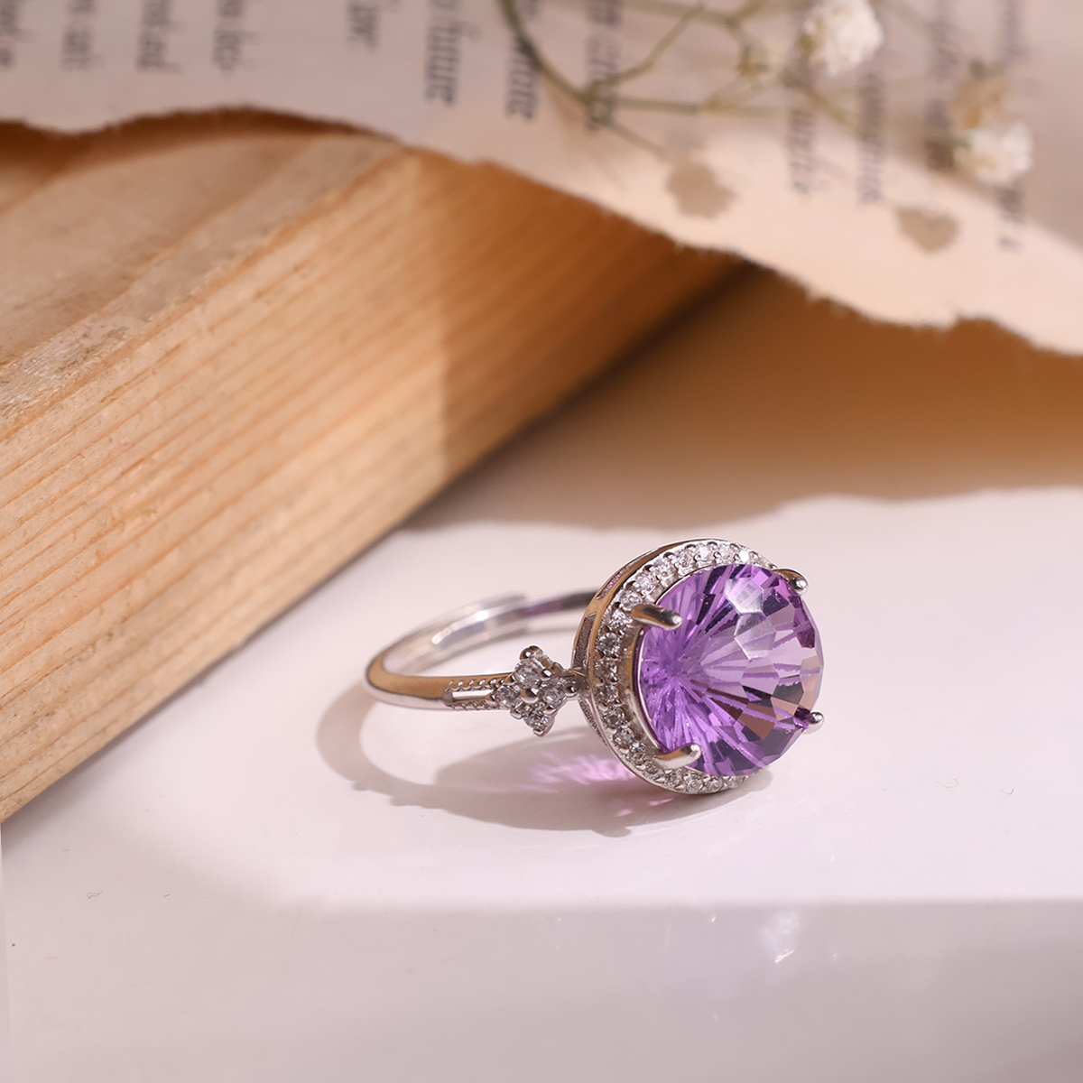 Amethyst Firework Cut Round Ring Silver-Shubhanjali Store (5) amethyst firework cut round ring silver