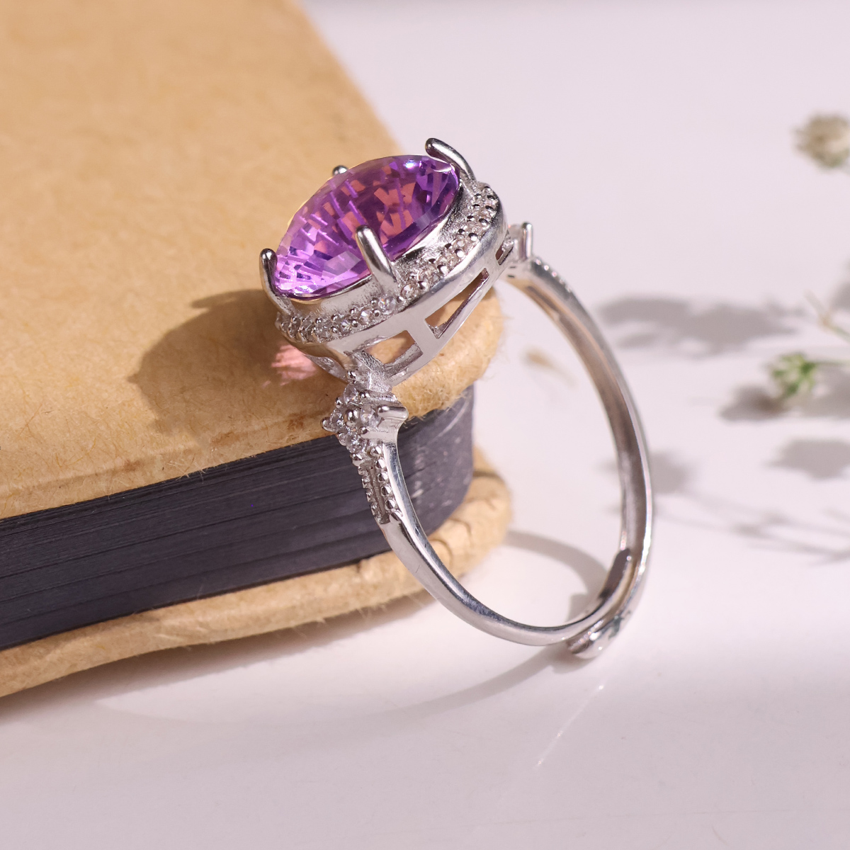 Amethyst Firework Cut Round Ring Silver-Shubhanjali Store (6) amethyst firework cut round ring silver