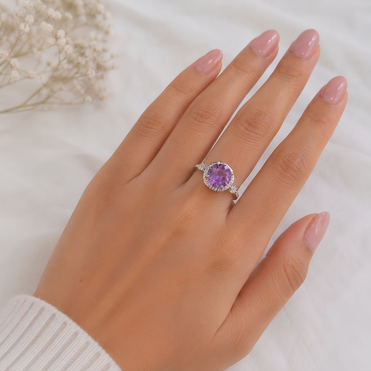 Amethyst Firework Cut Round Ring Silver-Shubhanjali Store amethyst firework cut round ring silver