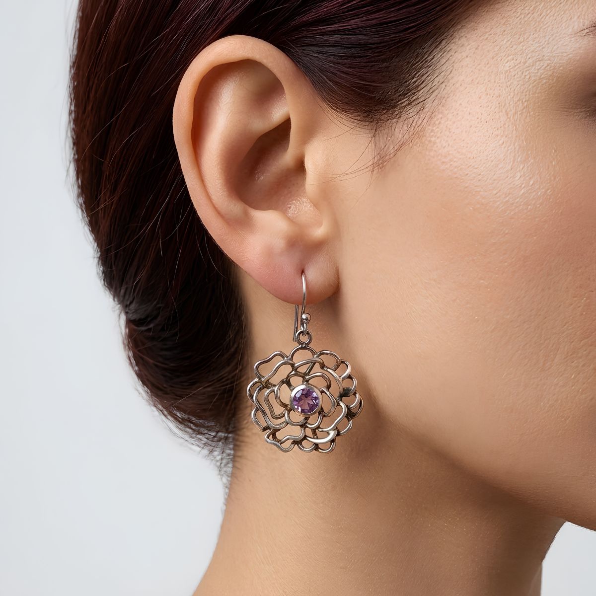 Amethyst Flower Design Hanging silver Earring-Shubhanjali Store (1) amethyst flower design hanging silver earring