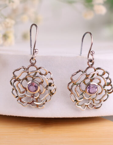 amethyst flower design hanging silver earring