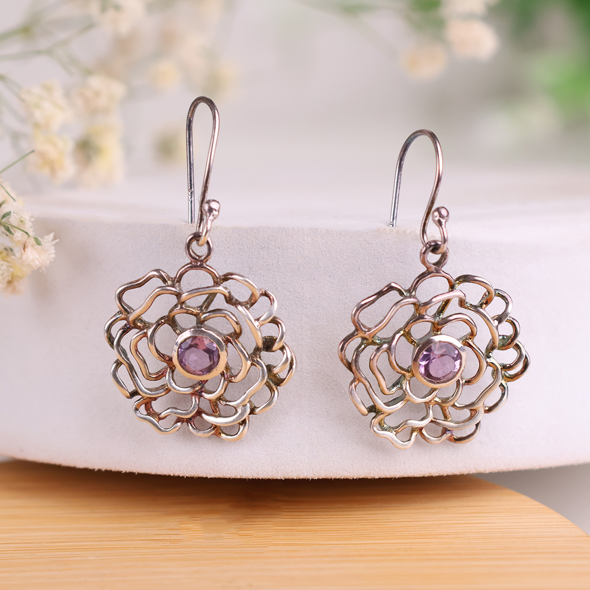 Amethyst Flower Design Hanging silver Earring-Shubhanjali Store (2) amethyst flower design hanging silver earring