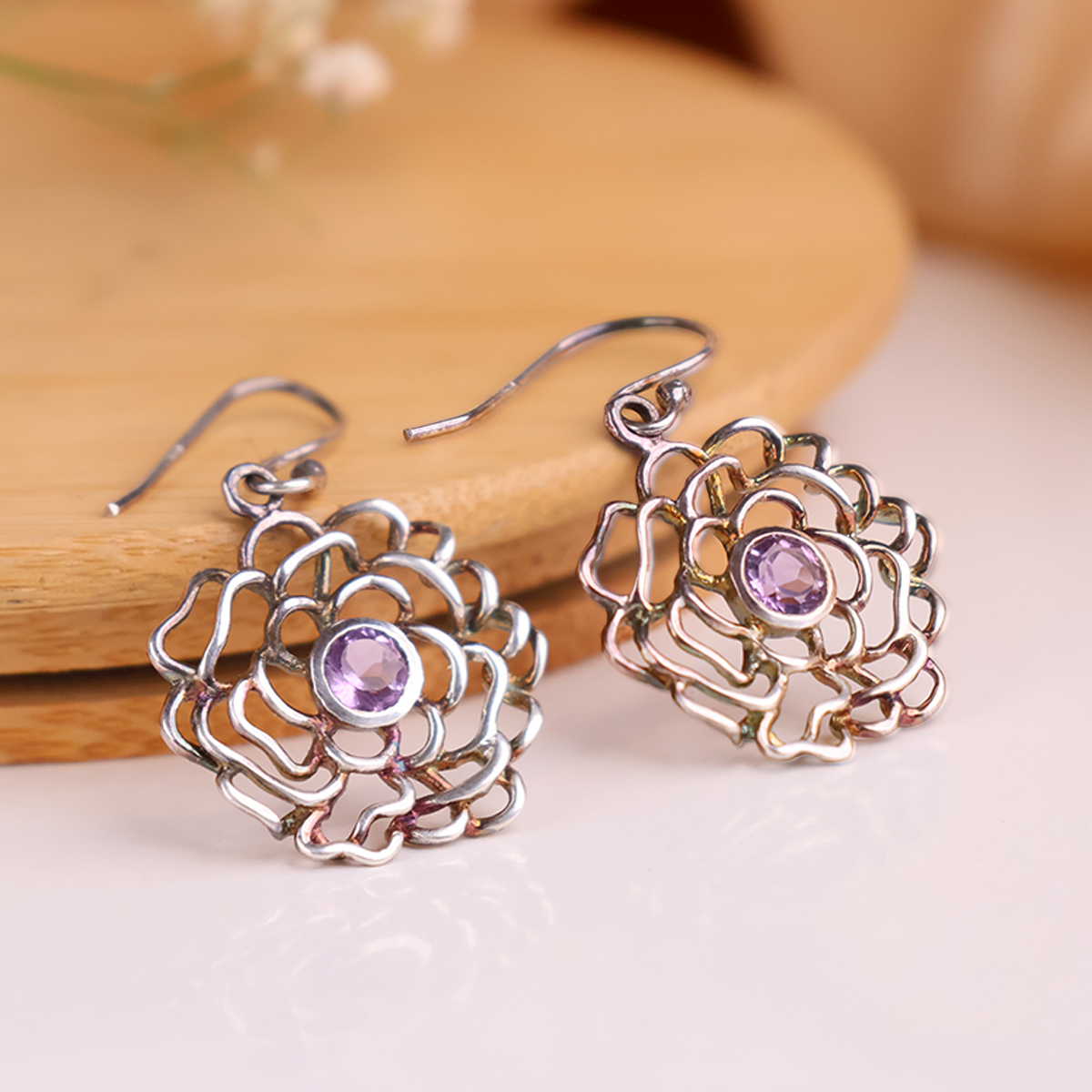 Amethyst Flower Design Hanging silver Earring-Shubhanjali Store (3) amethyst flower design hanging silver earring