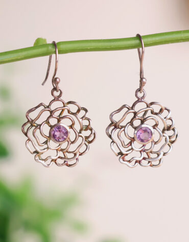amethyst flower design hanging silver earring