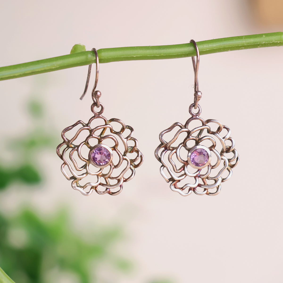 Amethyst Flower Design Hanging silver Earring-Shubhanjali Store (4) amethyst flower design hanging silver earring