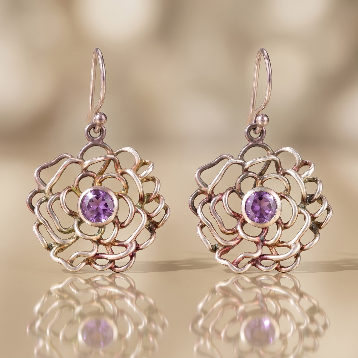 Amethyst Flower Design Hanging silver Earring-Shubhanjali Store (5) amethyst flower design hanging silver earring
