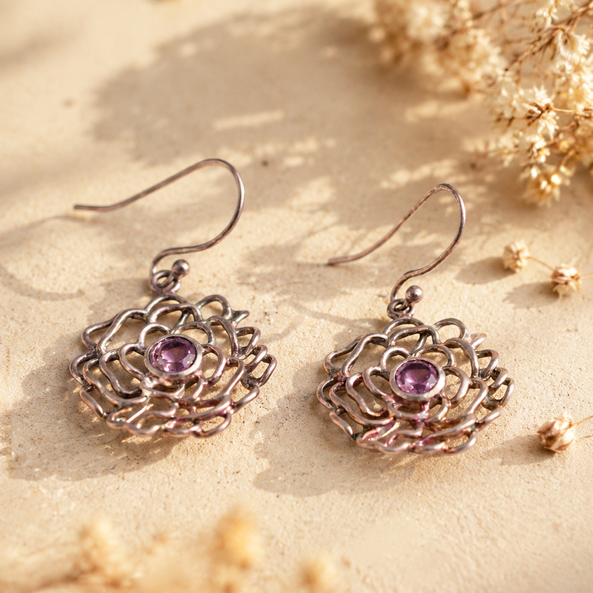Amethyst Flower Design Hanging silver Earring-Shubhanjali Store (6) amethyst flower design hanging silver earring