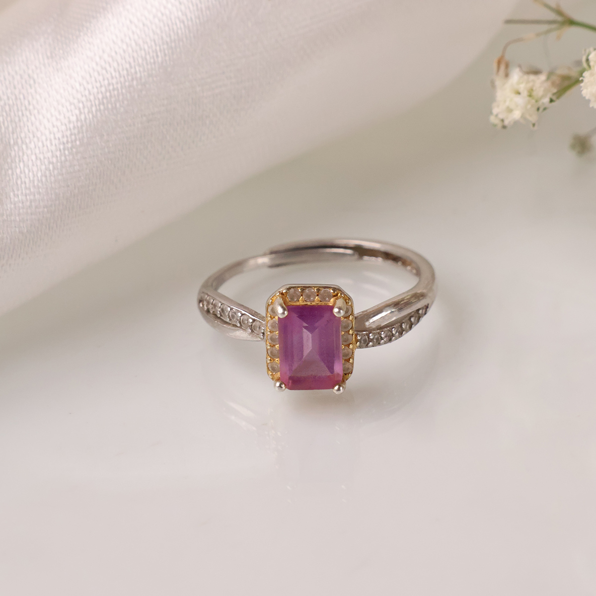 Amethyst Rectangle Ring Silver (Golden Design)-Shubhanjali Store (1) amethyst rectangle ring silver (golden design)