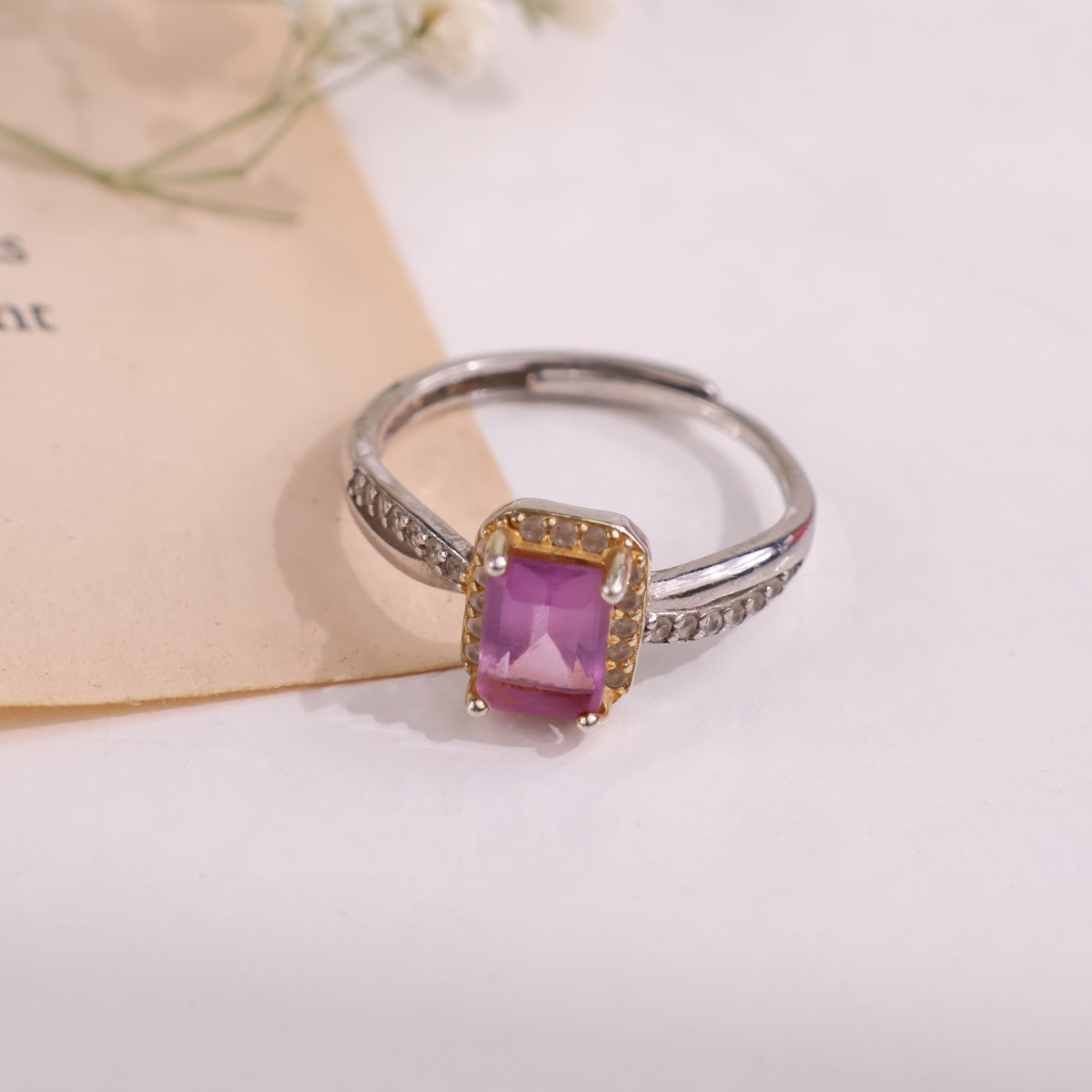Amethyst Rectangle Ring Silver (Golden Design)-Shubhanjali Store (2) amethyst rectangle ring silver (golden design)
