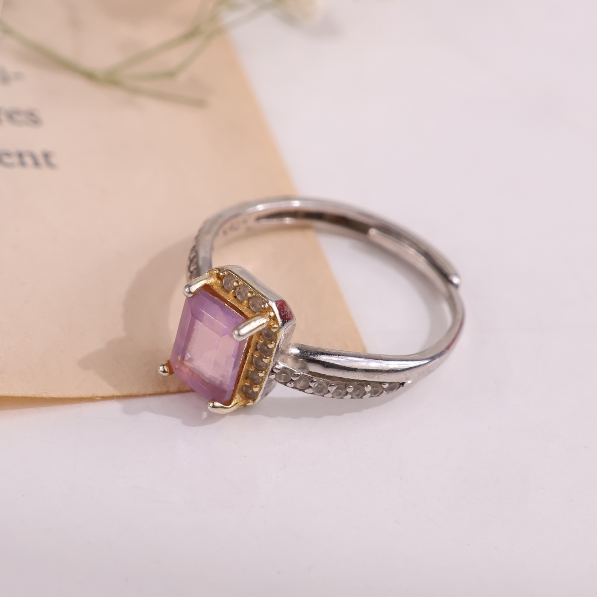 Amethyst Rectangle Ring Silver (Golden Design)-Shubhanjali Store (3) amethyst rectangle ring silver (golden design)
