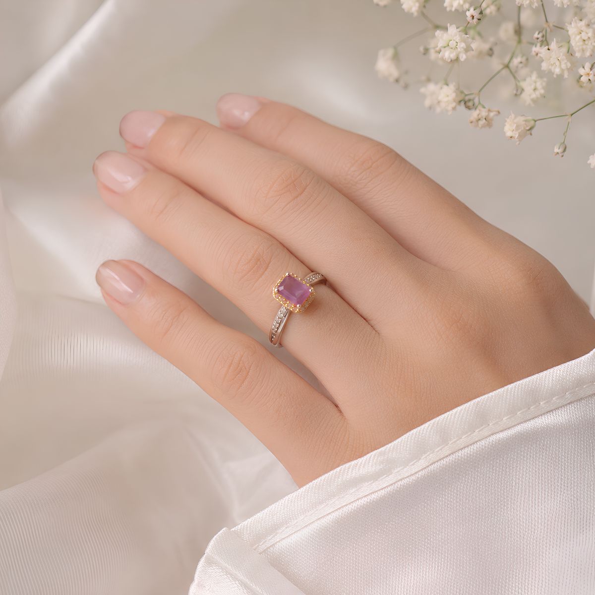 Amethyst Rectangle Ring Silver (Golden Design) Shubhanjali Store amethyst rectangle ring silver (golden design)