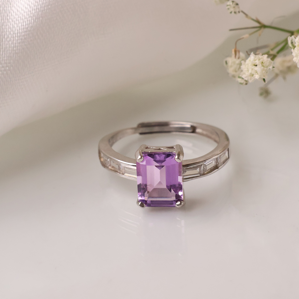Amethyst Rectangle Shape Silver Ring-Shubhanjali Store (2) amethyst rectangle shape silver ring