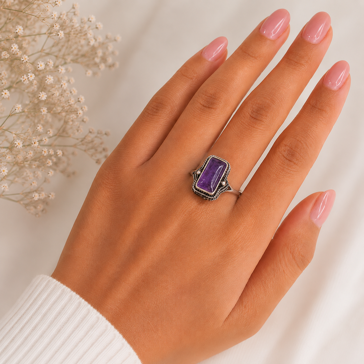 Amethyst Rectangle Shape desing Silver Ring-Shubhanjali amethyst rectangle shape desing silver ring