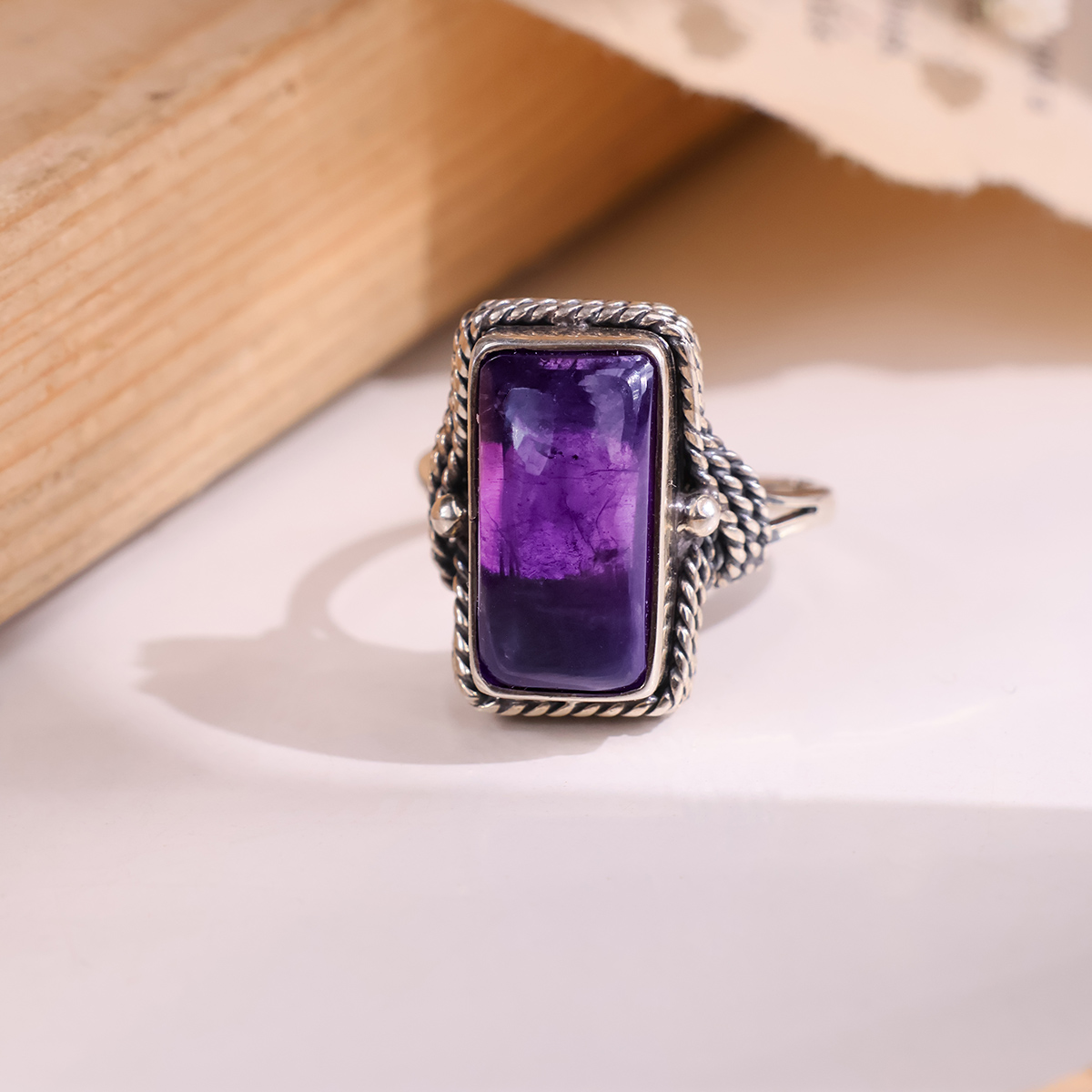 Amethyst Rectangle Shape desing Silver RingShubhanjali Store (1) amethyst rectangle shape desing silver ring