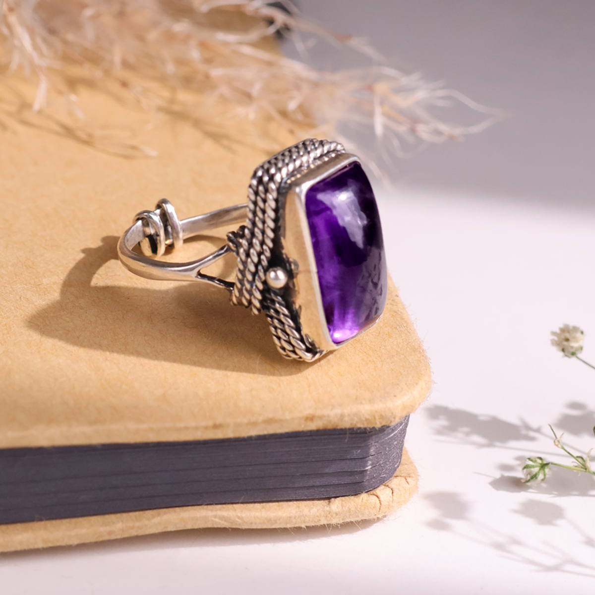 Amethyst Rectangle Shape desing Silver RingShubhanjali Store (2) amethyst rectangle shape desing silver ring