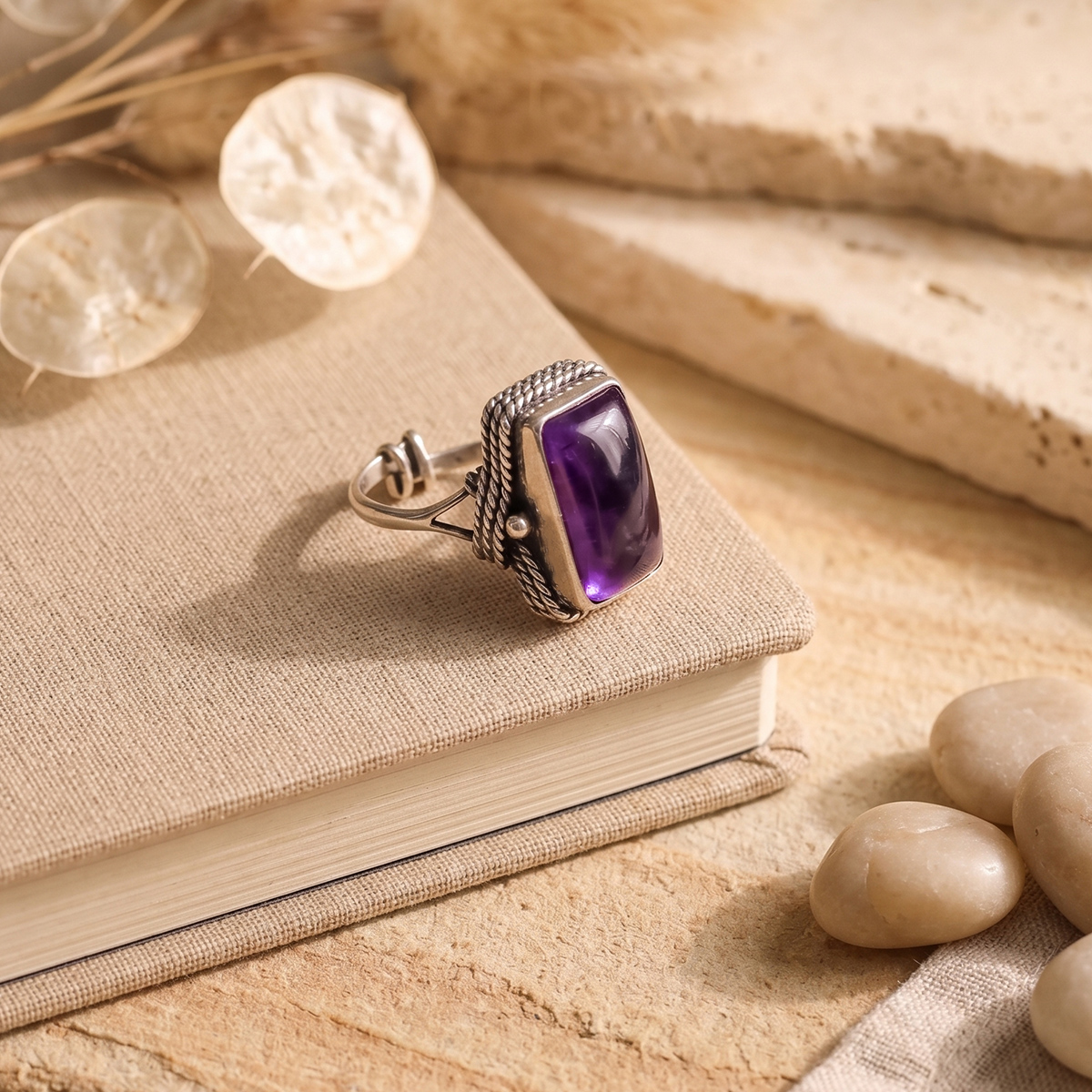 Amethyst Rectangle Shape desing Silver RingShubhanjali Store (3) amethyst rectangle shape desing silver ring