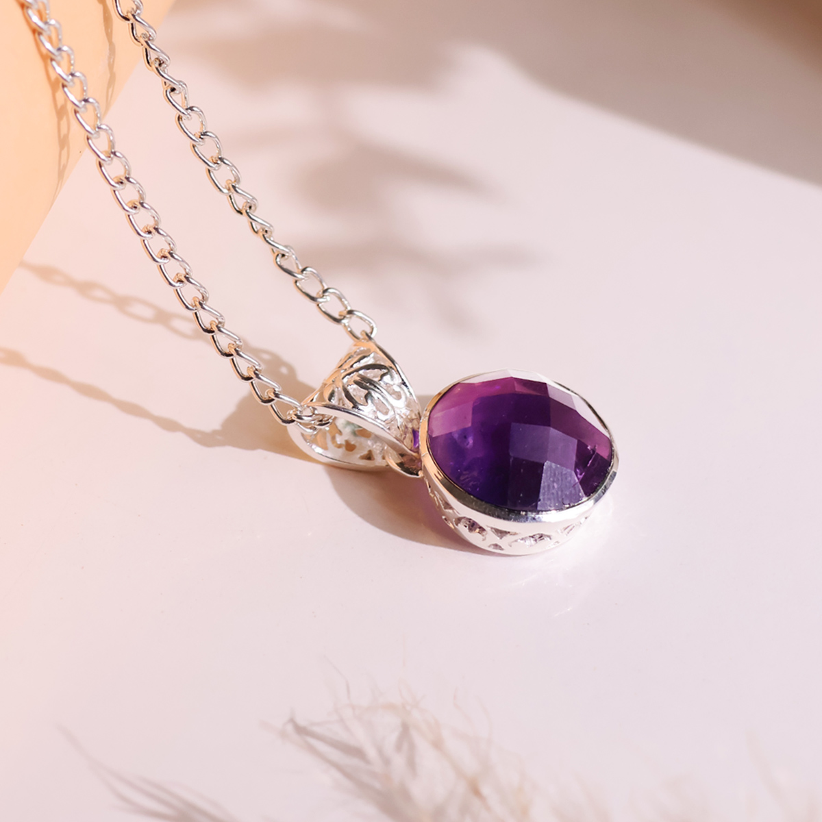 Amethyst Round Silver Pendant-Shubhanjalli Store (2) amethyst round silver pendant