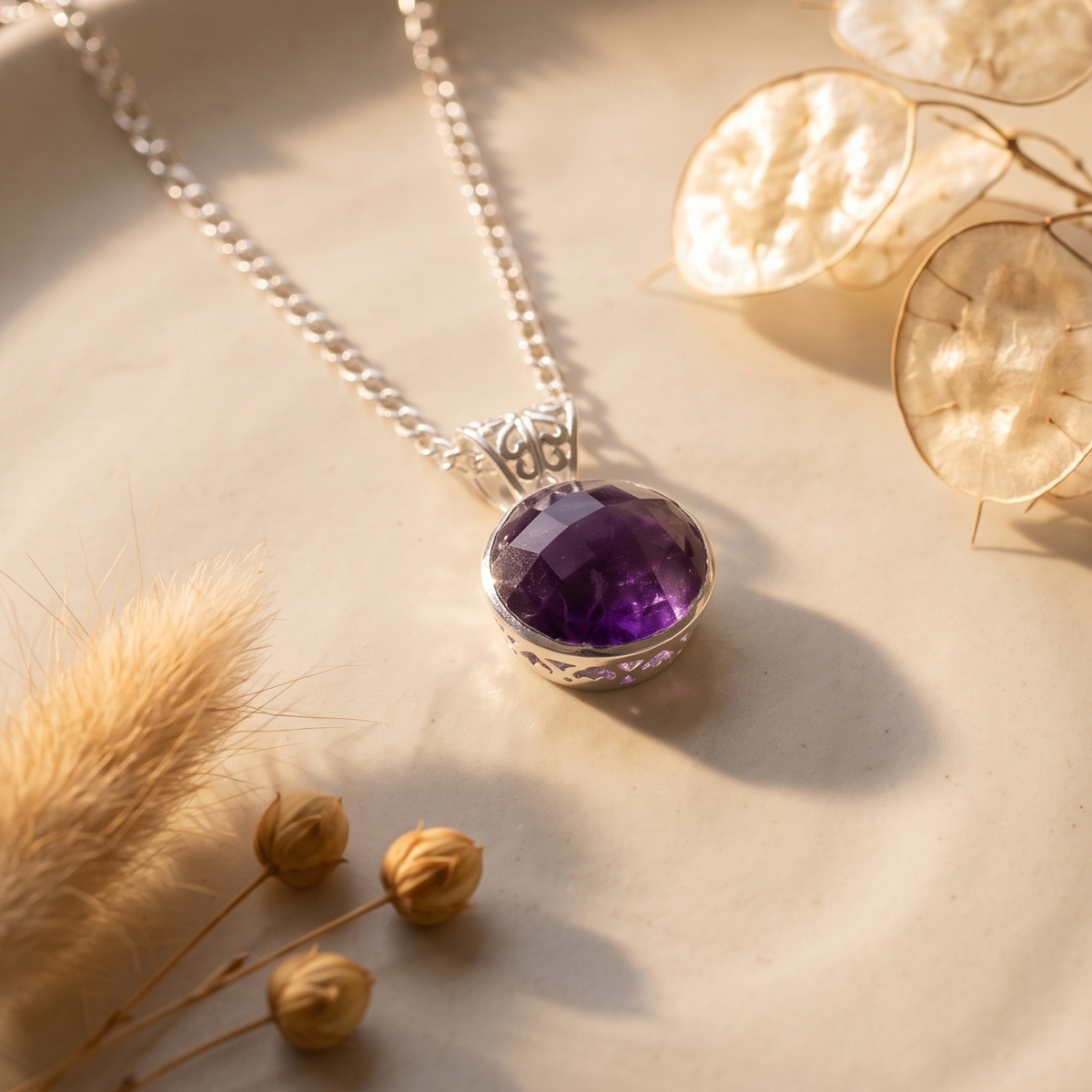 Amethyst Round Silver Pendant-Shubhanjalli Store (4) amethyst round silver pendant
