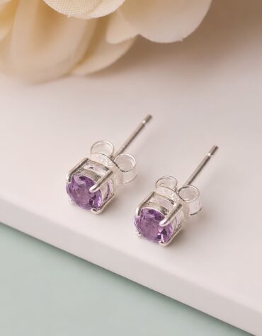 amethyst round studd earring silver